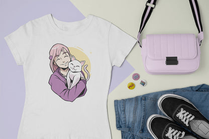 Tee-Shirt Animé Fille avec Chat Blanc