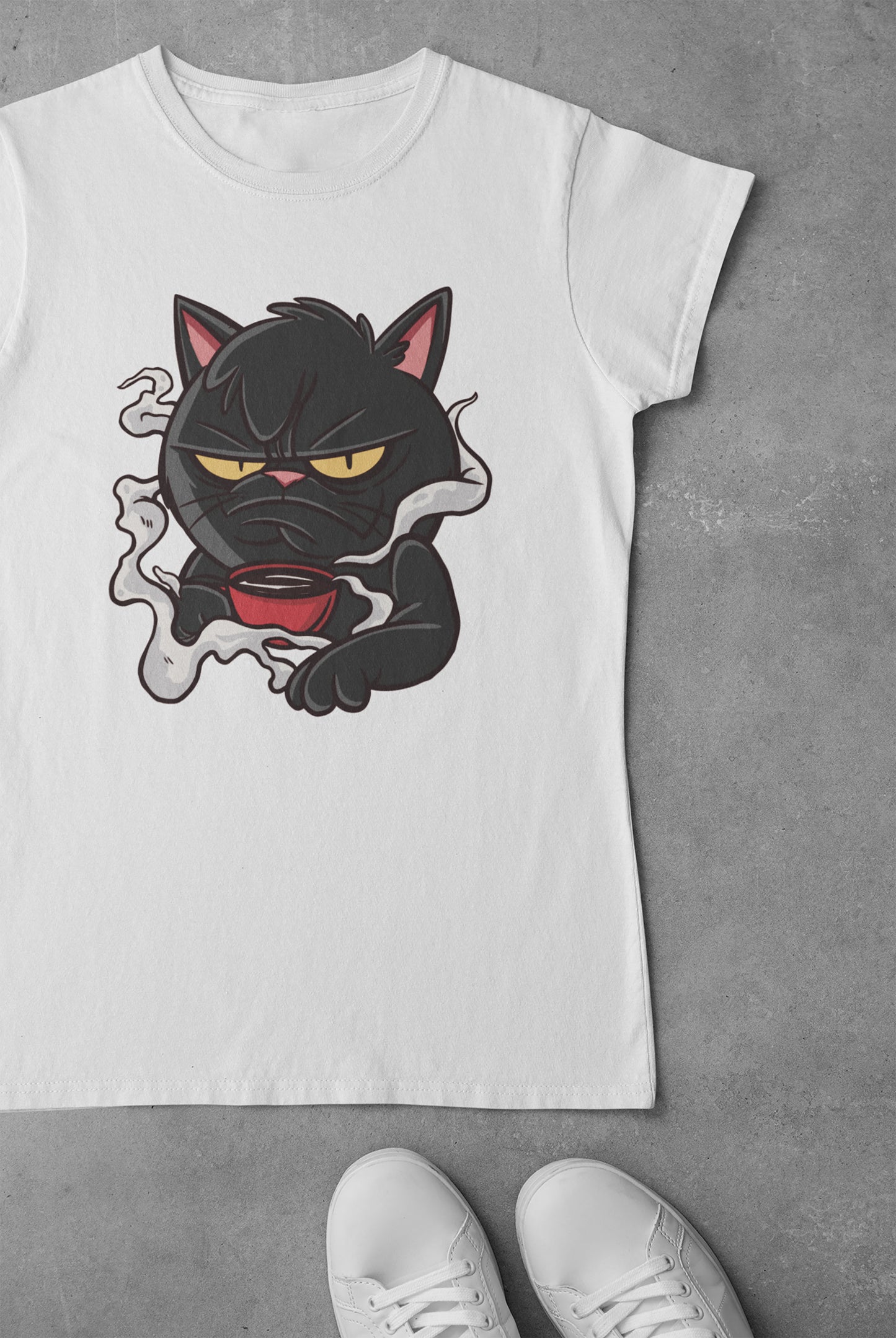 Tee-Shirt Femme Chat Noir avec son café